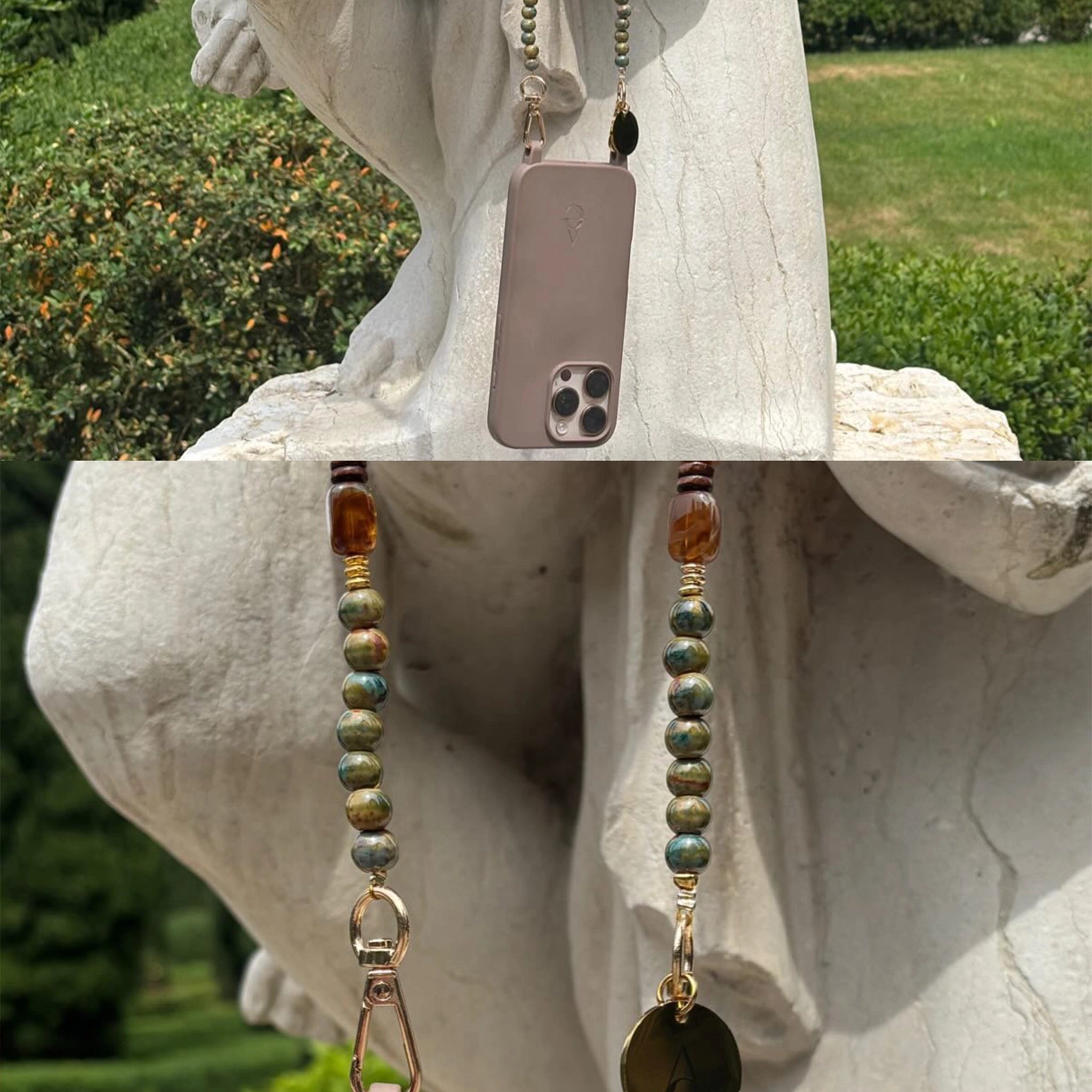 Set "Art Deco" - Beige Case + Long Dark Green Glass Chain