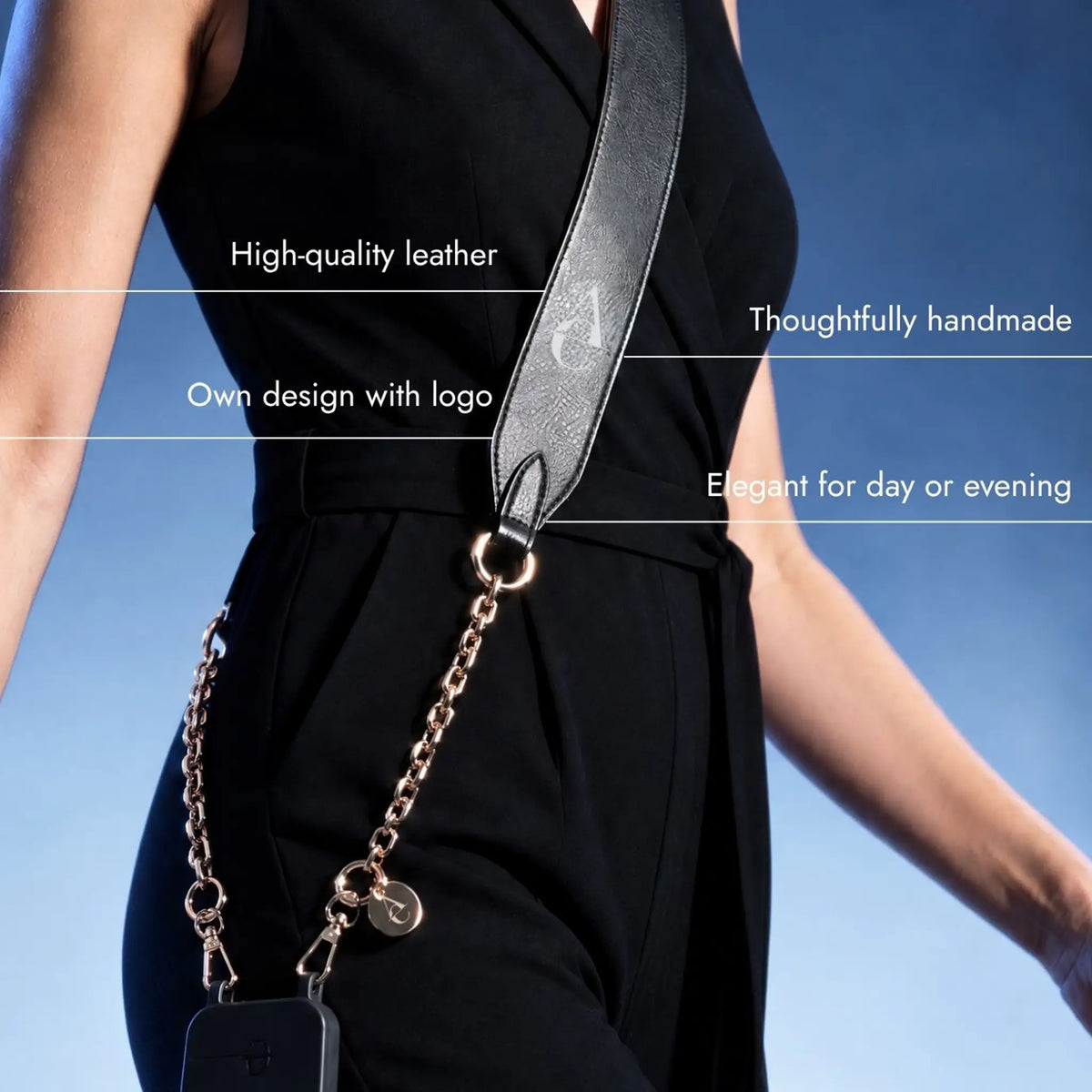 Black iPhone Case with Strap Set "Gia" - Matte Case + Black Leather Strap