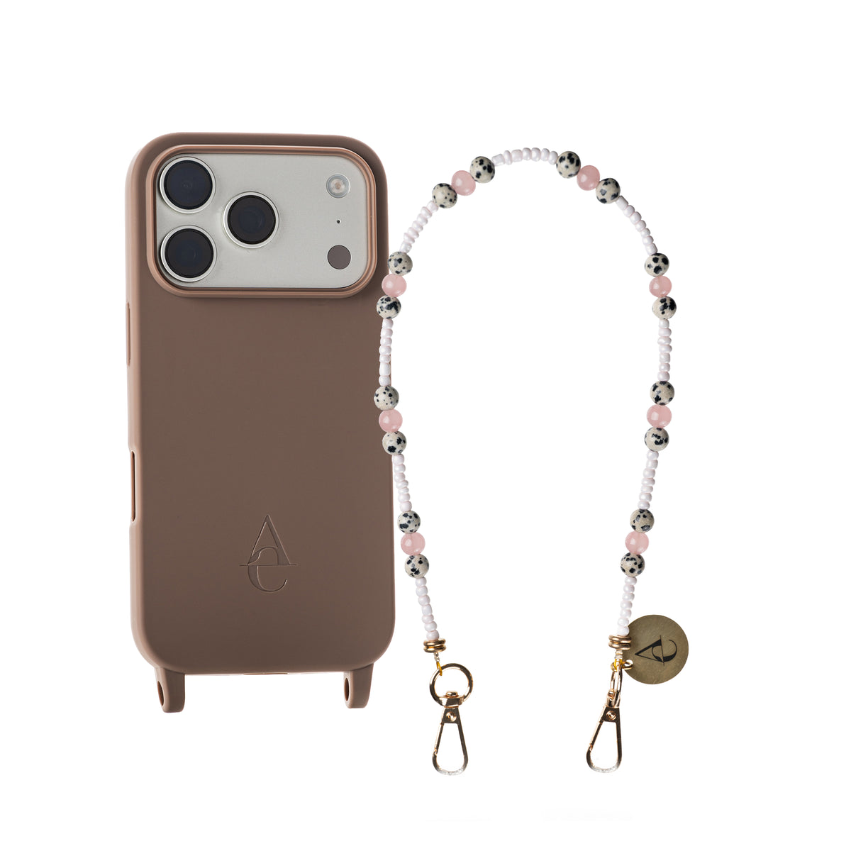 Beige iPhone Case Set "Lulu" - Matte Case + Medium Pink Animal Print Chain