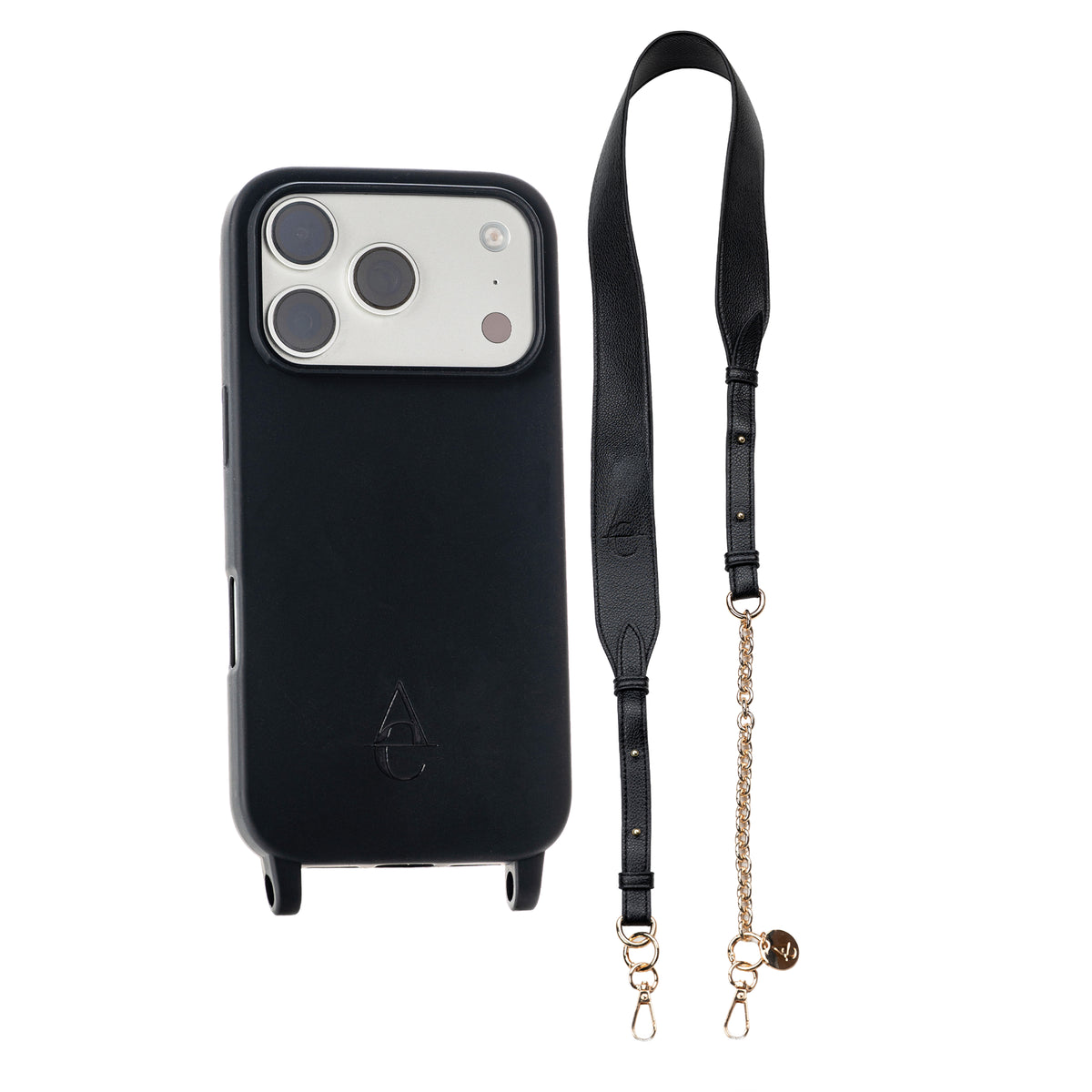 Black iPhone Case with Strap Set "Gia" - Matte Case + Black Leather Strap