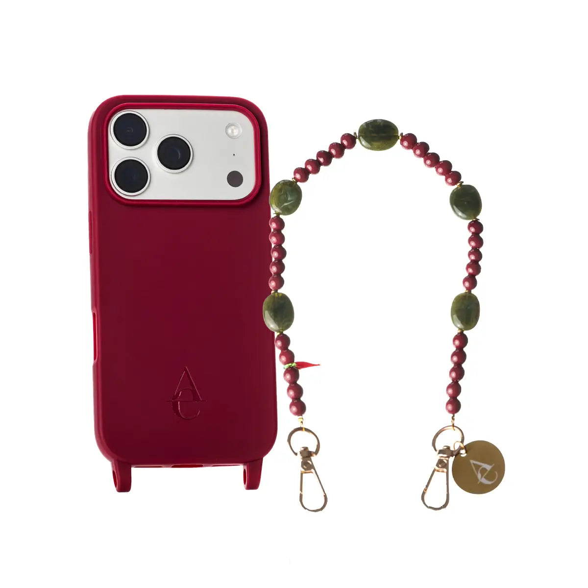 Set "Spicy Olive" - Burgundy Case + Red Olive Green Glass Chain